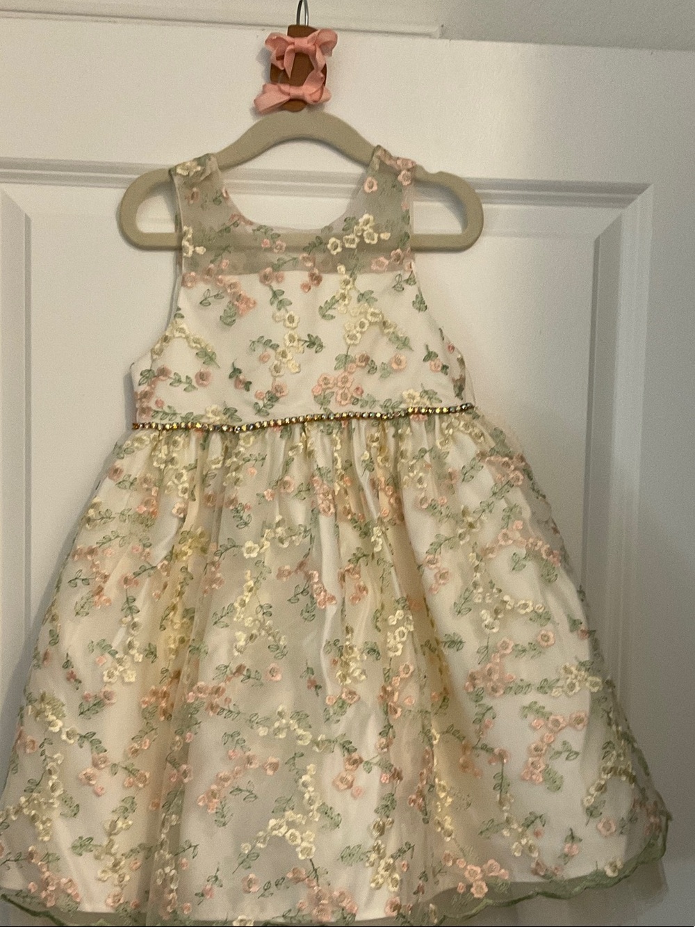 Girls' Floral Embroidered Ivory Party Dress with Gold Trim